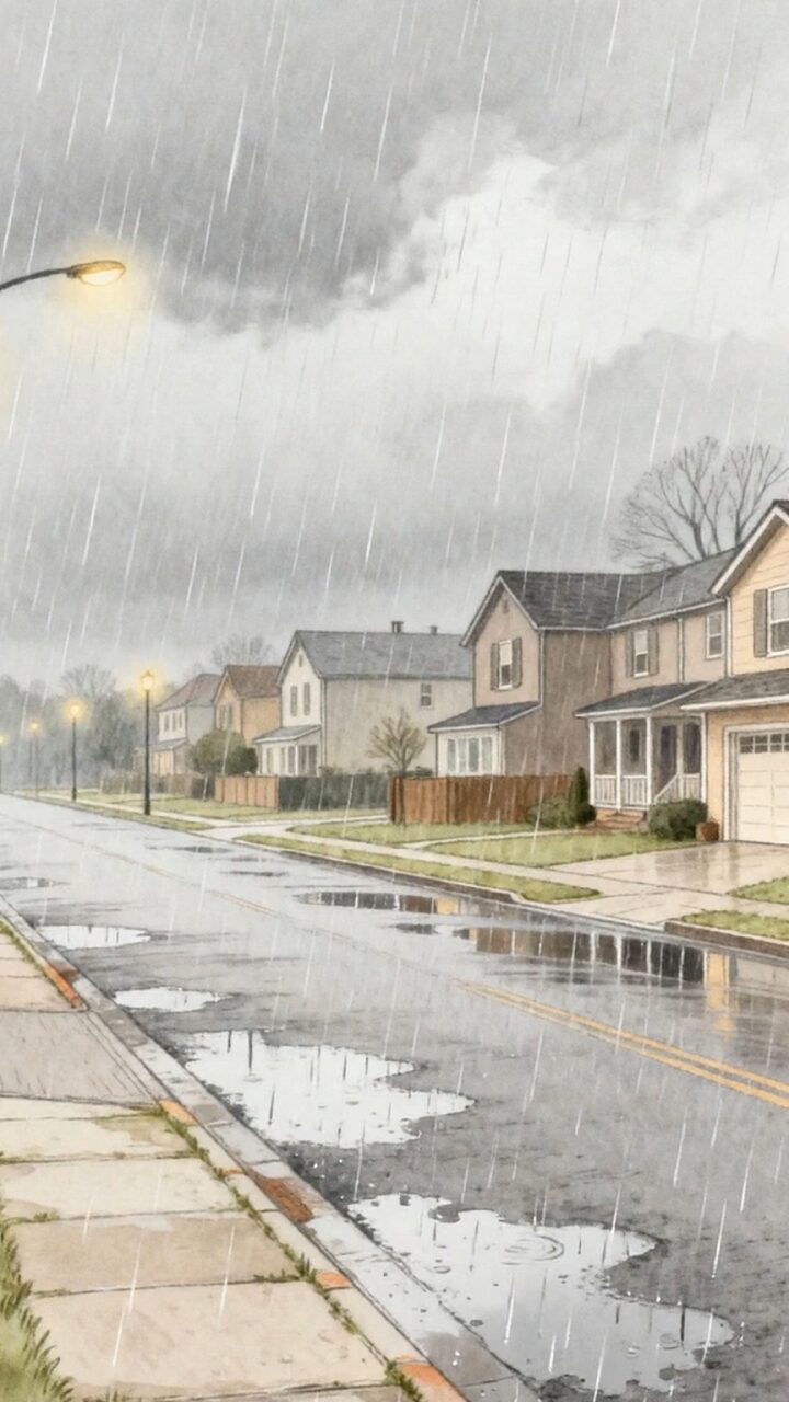 雨の降る住宅街を描いたMagicLight動画「雨の中で待つ」のサムネイル